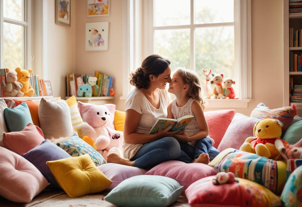 A warm and cozy scene of a mother and child sharing a joyful moment, surrounded by playful toys and colorful books, radiating love and laughter. Incorporate soft pastel colors and a sunny, inviting atmosphere that reflects a nurturing parenting environment. Capture the essence of both love and humor in the interactivity between them. painting. vibrant colors. cozy background.