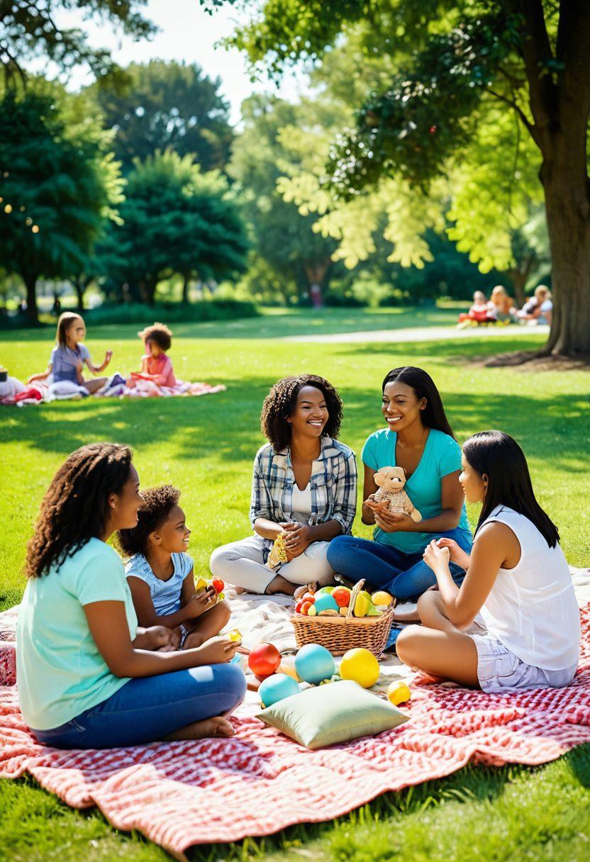 A warm, inviting scene of diverse mothers gathered in a sunny park, exchanging stories and laughter, with children playing joyfully around them. Include elements like picnic blankets, colorful toys, and lush greenery to emphasize connection and community. The mood should be uplifting and heartwarming, capturing the essence of strong family ties and friendships. soft focus. vibrant colors. 3D.
