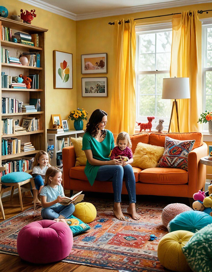 A serene yet lively scene of a mother joyfully interacting with her children in a colorful, cozy living room filled with toys and books, symbolizing nurturing love. The mother is smiling upliftingly while the children are playfully navigating through a chaotic but warm environment. Surround the scene with soft, warm lighting to express a sense of support and joy in motherhood. super-realistic. vibrant colors. cozy atmosphere.